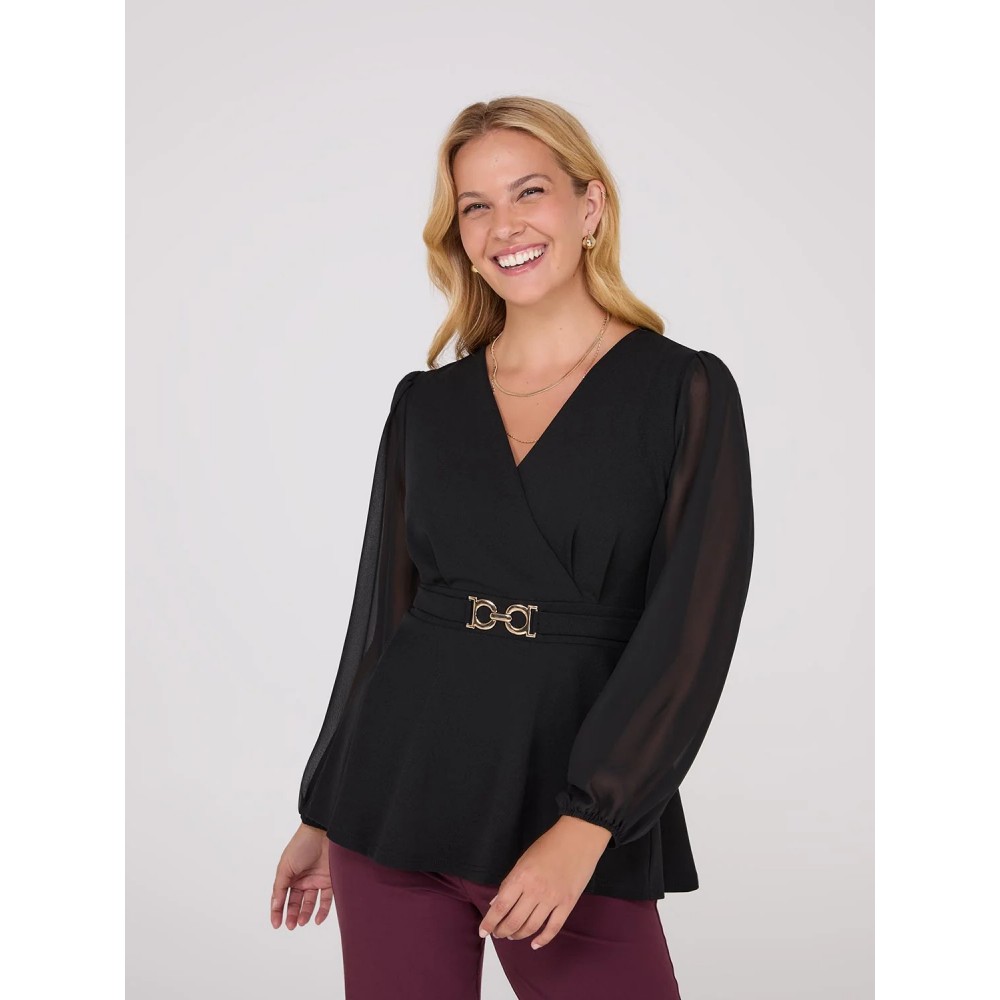 Crossover Peplum Top With Gold Buckle Belt