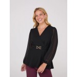 Crossover Peplum Top With Gold Buckle Belt