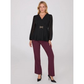 Crossover Peplum Top With Gold Buckle Belt