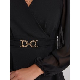 Crossover Peplum Top With Gold Buckle Belt