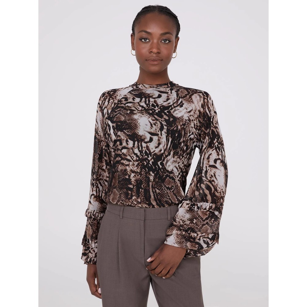 Animal Print Mesh Top With Ruffle Details