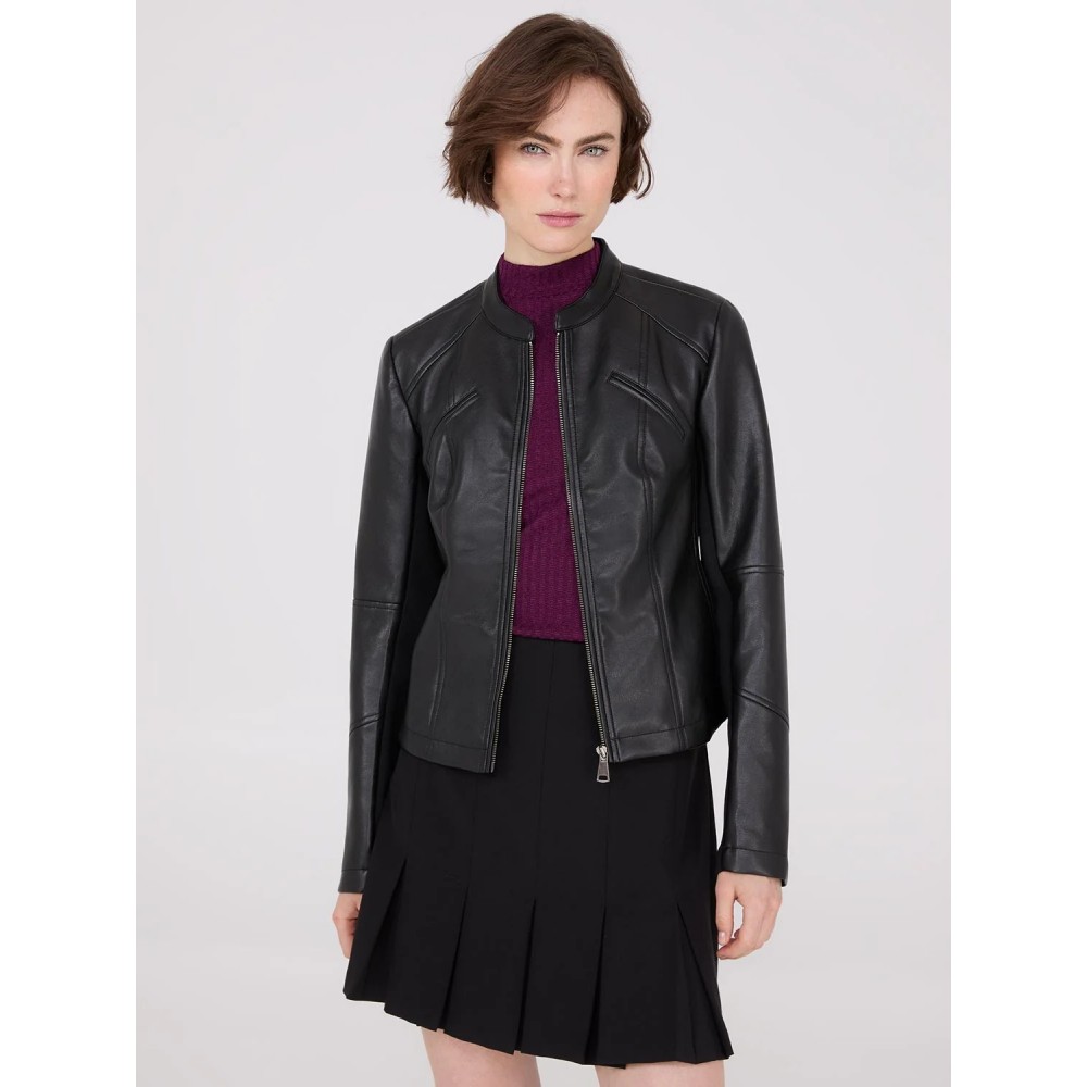 Collarless Faux Leather Jacket