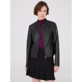 Collarless Faux Leather Jacket