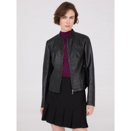 Collarless Faux Leather Jacket