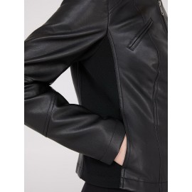 Collarless Faux Leather Jacket
