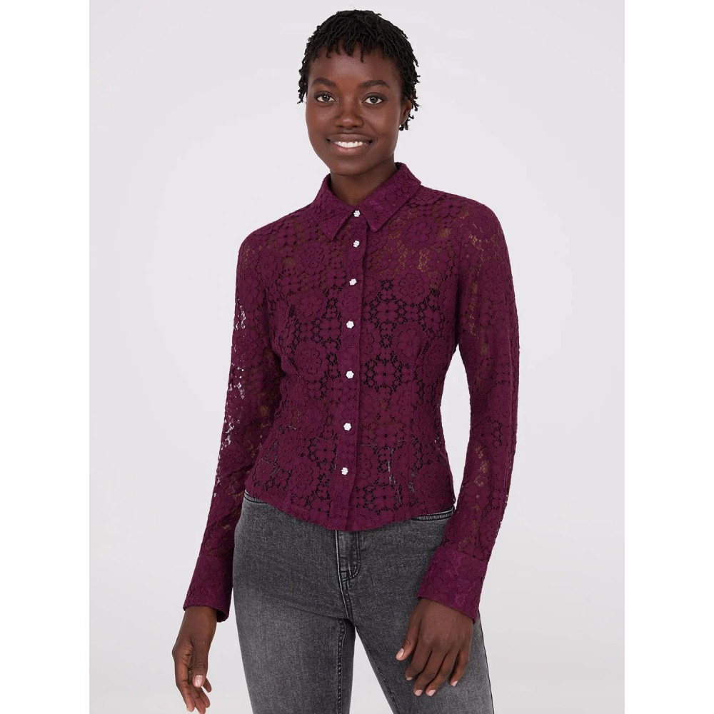 Lace Button-Front Fitted Blouse