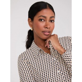 Print Button-Front Classic Blouse