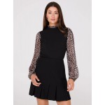 Crew Neck Scuba Top With Printed Chiffon Sleeves