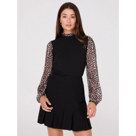 Crew Neck Scuba Top With Printed Chiffon Sleeves