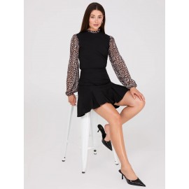 Crew Neck Scuba Top With Printed Chiffon Sleeves