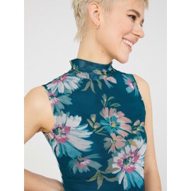 Floral Print Mock Neck Mesh Top