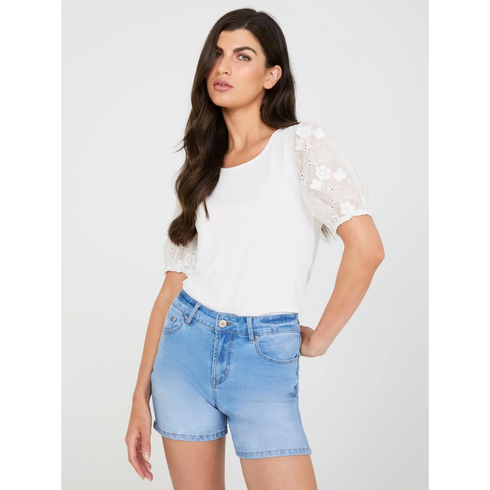 Flower Embroidered Eyelet Sleeve Top