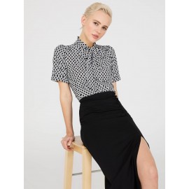 Print Short Sleeve Tie-Neck Top