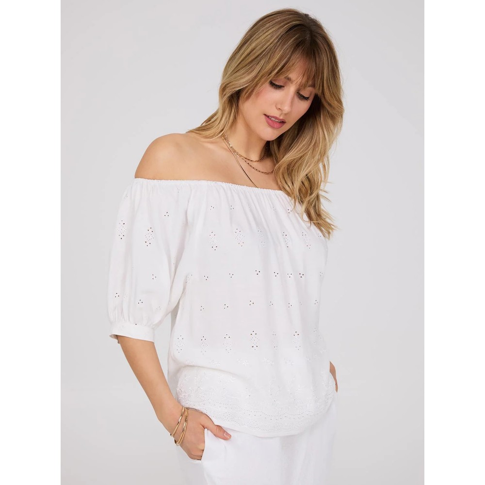 Off-The-Shoulder Puff Sleeve Eyelet Popover Top
