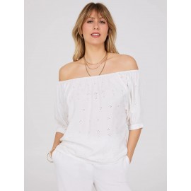 Off-The-Shoulder Puff Sleeve Eyelet Popover Top