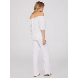 Off-The-Shoulder Puff Sleeve Eyelet Popover Top