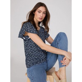 Printed Scoop Neck Flutter Sleeve Jersey Top