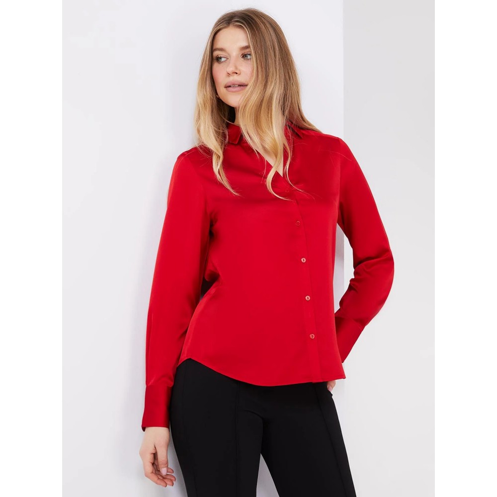 Satin Split Neck Button-Front Blouse