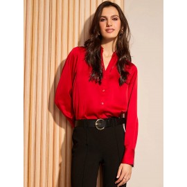 Satin Split Neck Button-Front Blouse
