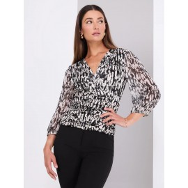 Abstract Print 3/4 Sleeve Crossover Top