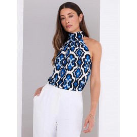 Tile Print Mock Neck Halter Top