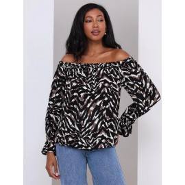 Animal Print Off-The-Shoulder Top With Ruffle Details