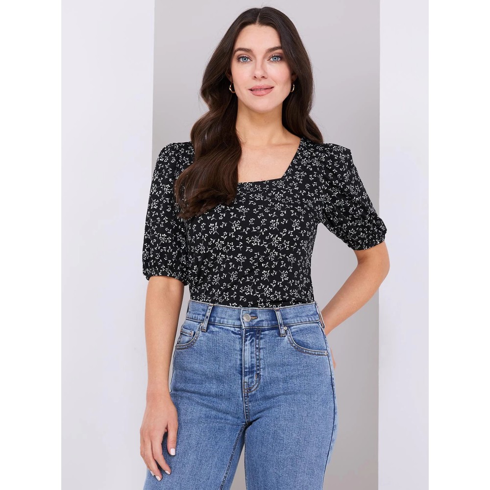 Floral Print Puff Sleeve Square Neck Top