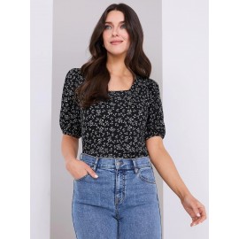 Floral Print Puff Sleeve Square Neck Top