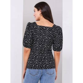 Floral Print Puff Sleeve Square Neck Top
