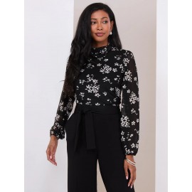 Floral Print Balloon Sleeve Turtleneck Top