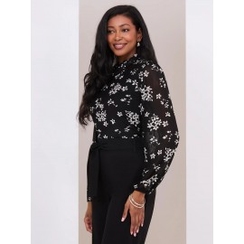 Floral Print Balloon Sleeve Turtleneck Top
