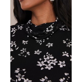 Floral Print Balloon Sleeve Turtleneck Top