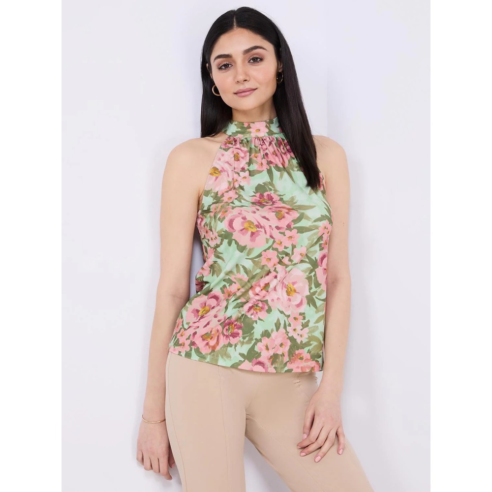 Sleeveless Floral Print Mock Neck Top