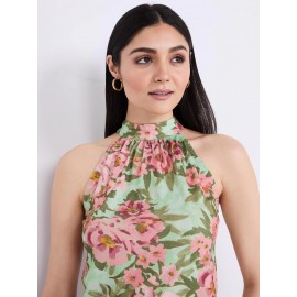Sleeveless Floral Print Mock Neck Top