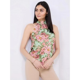 Sleeveless Floral Print Mock Neck Top