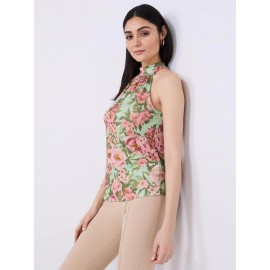 Sleeveless Floral Print Mock Neck Top