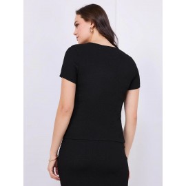 Textured Crew Neck Top With Pleat Details