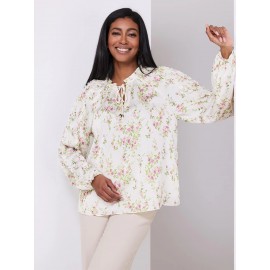 Floral Print Popover Blouse With Neck Tie