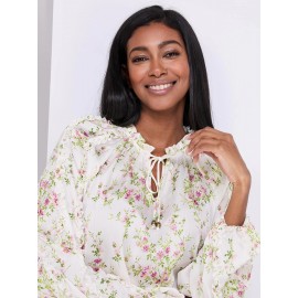 Floral Print Popover Blouse With Neck Tie