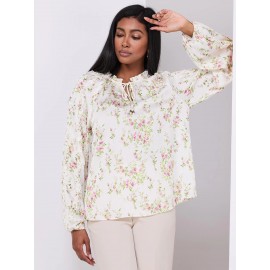 Floral Print Popover Blouse With Neck Tie