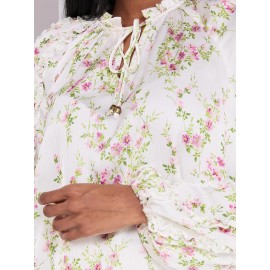 Floral Print Popover Blouse With Neck Tie