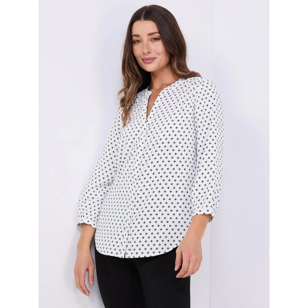 Dot Print Chiffon Split Neck Blouse