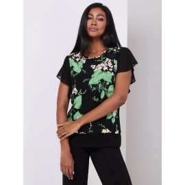 Floral Print 2-Fer Chiffon Crew Neck Top