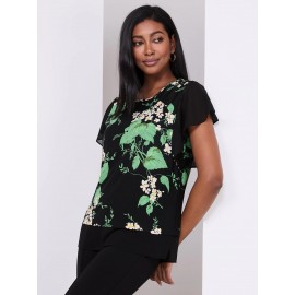 Floral Print 2-Fer Chiffon Crew Neck Top