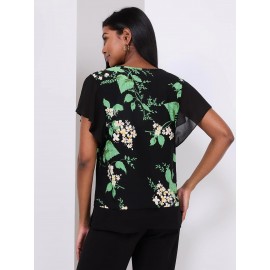 Floral Print 2-Fer Chiffon Crew Neck Top