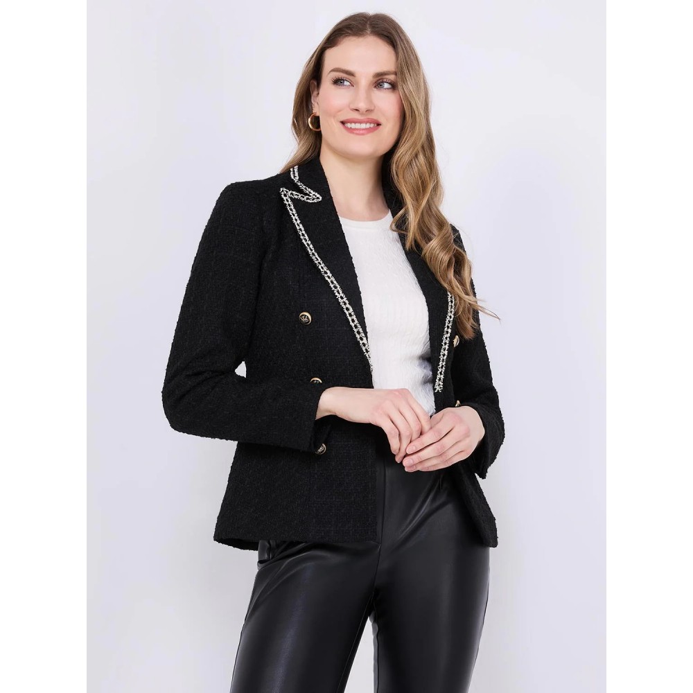 Contrast Trim Faux Double-Breasted Boucle Blazer
