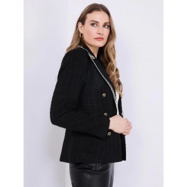 Contrast Trim Faux Double-Breasted Boucle Blazer