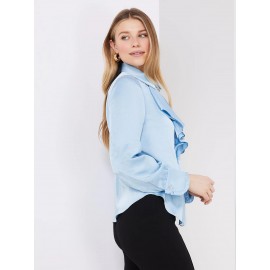 Button-Up Satin Blouse With Ruffle Front