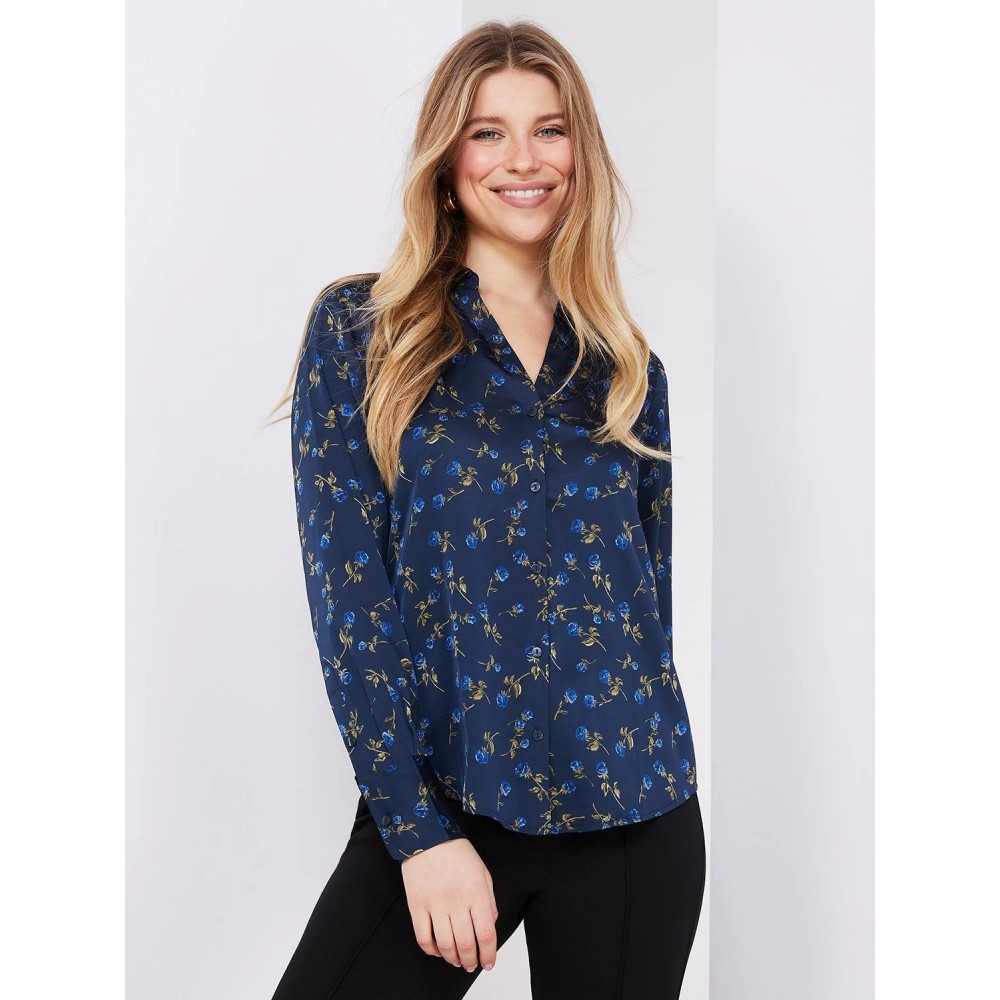 Floral Print Satin Split Neck Button-Front Blouse