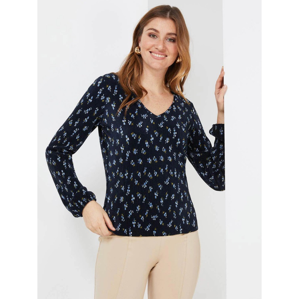 Floral Print Plisse V-Neck Top